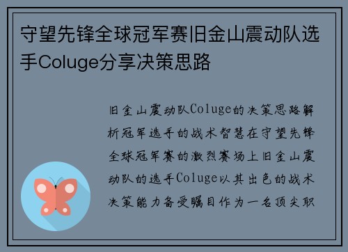 守望先锋全球冠军赛旧金山震动队选手Coluge分享决策思路