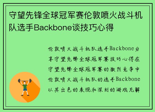 守望先锋全球冠军赛伦敦喷火战斗机队选手Backbone谈技巧心得