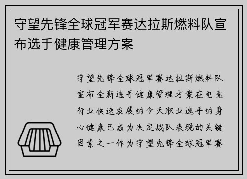 守望先锋全球冠军赛达拉斯燃料队宣布选手健康管理方案